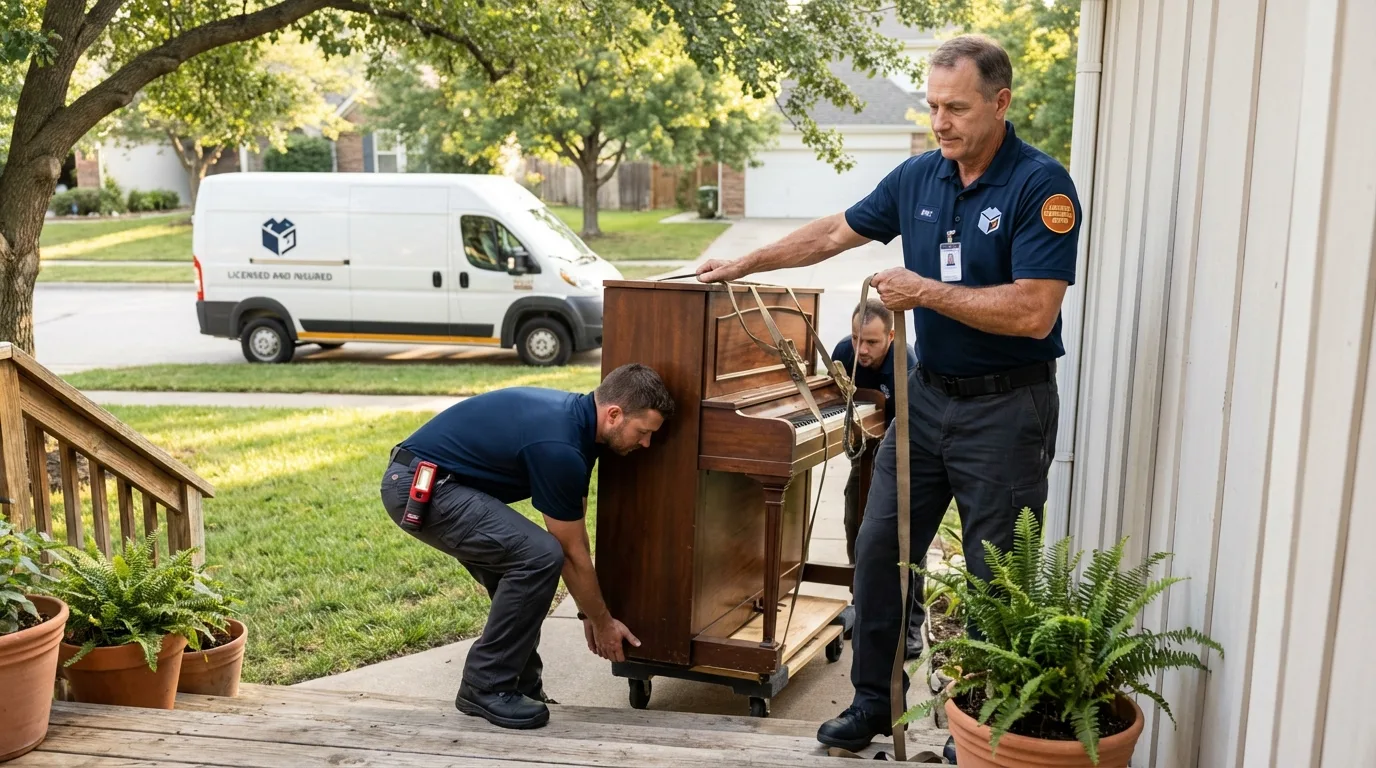 Licensed piano movers securing grand piano in Sparta, NJ