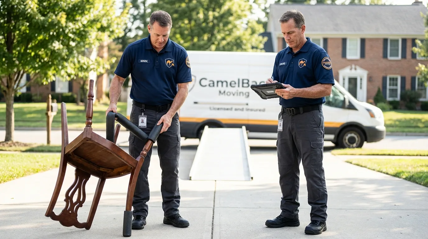 Movers inspecting furniture for damage prevention before loading in Sparta, NJ